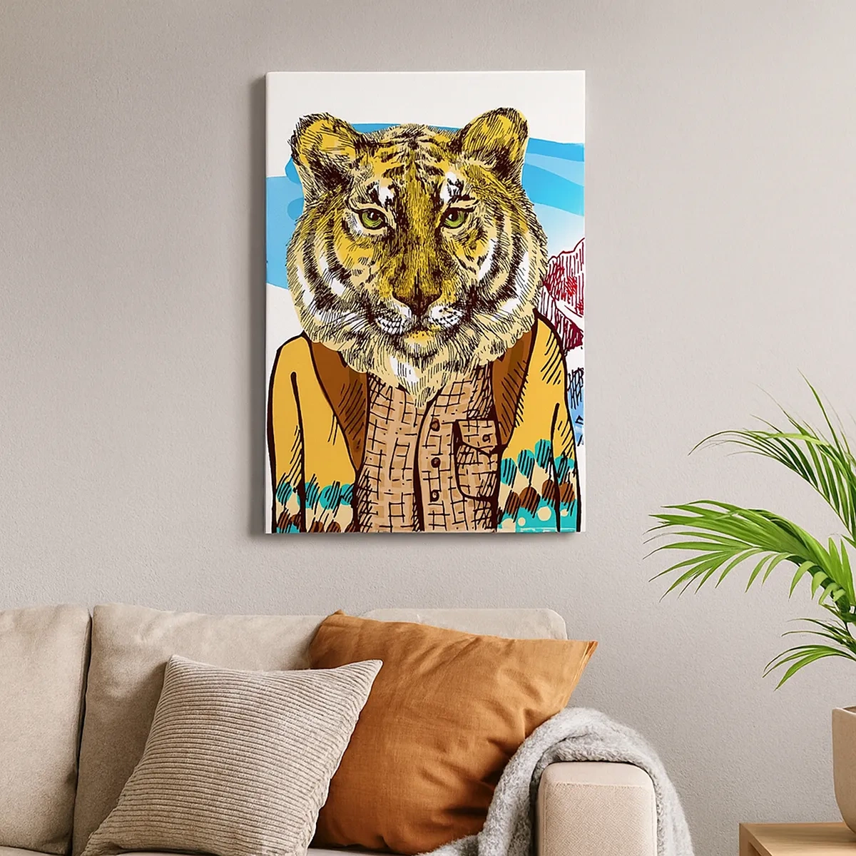 Cuadro sobre lienzo - Impresión de Imagen - Un tigre con abrigo frente a un paisaje montañoso. - 50x70cm - No es tan salvaje como dicen - Decoración de pared moderna para salón y dormitorio ARTTOR