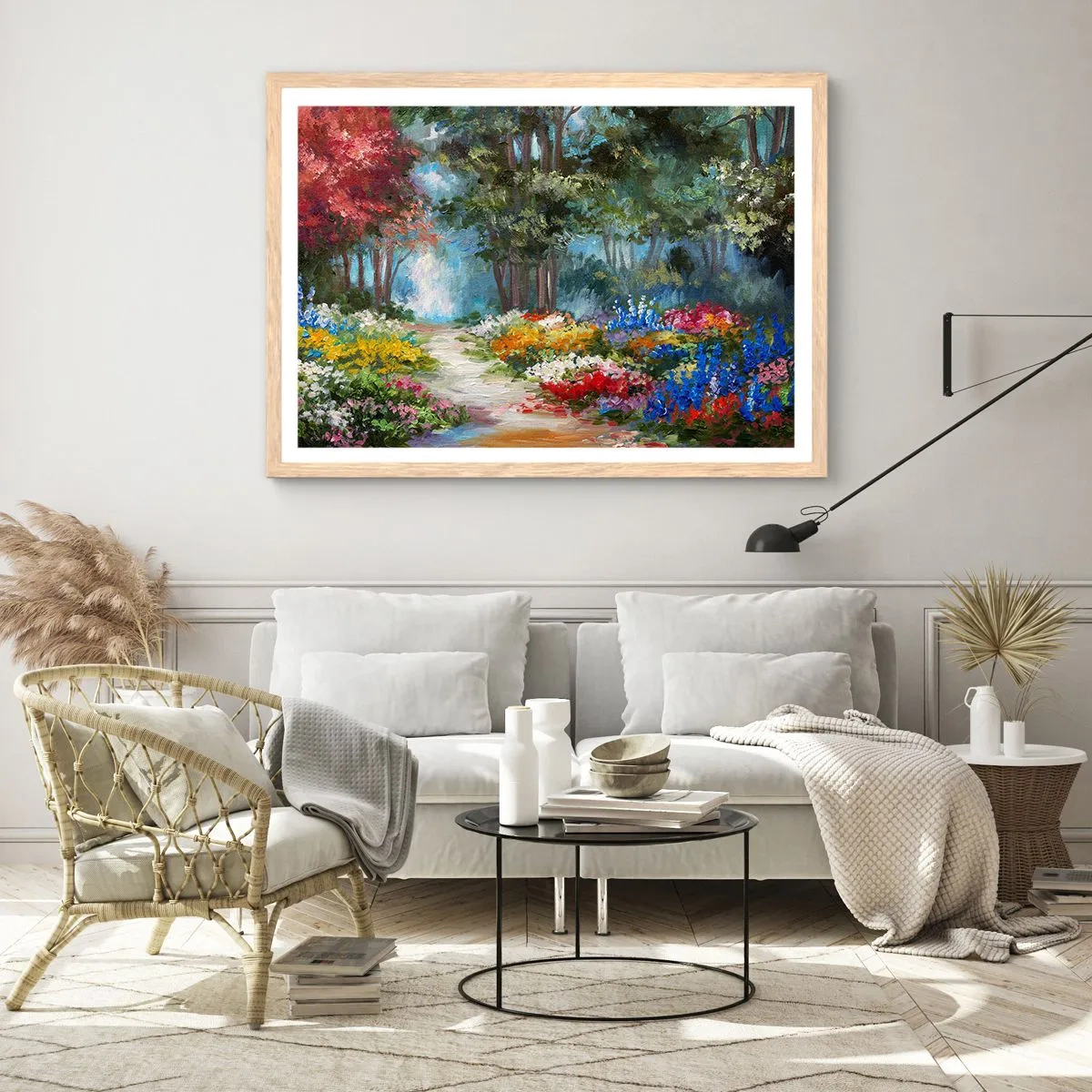 Póster en marco roble claro - Jardín forestal, bosque floral - 100x70 cm