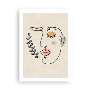 Póster - Retrato de línea minimalista de una mujer sobre un fondo beige. - 50x70cm - Calma encontrada - Decoración de pared moderna para salón y dormitorio ARTTOR