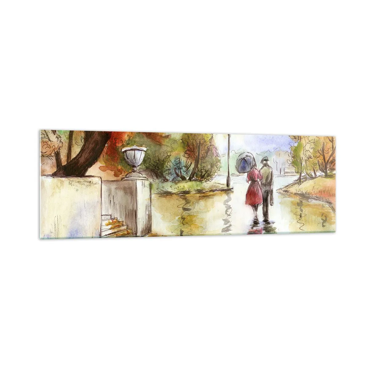 Cuadro sobre vidrio - Impresiones sobre Vidrio - Un paseo por el parque de otoño con un paraguas. - 160x50cm - Un otoño romántico en el parque - Decoración de pared moderna para salón y dormitorio ARTTOR