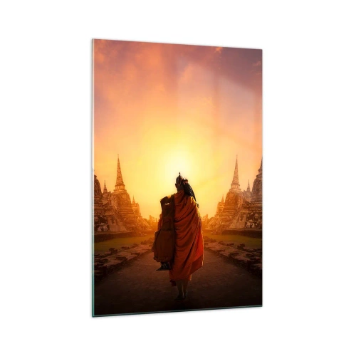 Cuadro sobre vidrio - Impresiones sobre Vidrio - Un monje entre los templos al atardecer. - 70x100cm - En paz por la eternidad - Decoración de pared moderna para salón y dormitorio ARTTOR