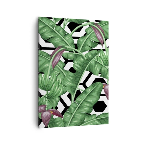 Cuadro sobre lienzo - Impresión de Imagen - Hojas tropicales sobre un fondo geométrico. - 50x70cm - Composición simétrica de la naturaleza - Decoración de pared moderna para salón y dormitorio ARTTOR