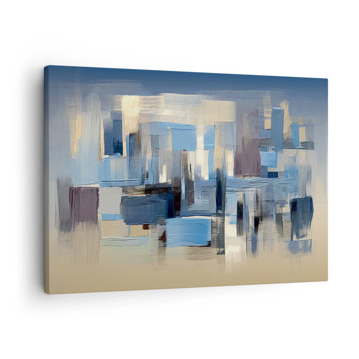 Cuadro sobre lienzo - Impresión de Imagen - Formas geométricas en tonos azules y beige. - 70x50cm - Construcción azul - Decoración de pared moderna para salón y dormitorio ARTTOR