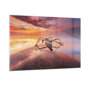 Cuadro sobre vidrio - Impresiones sobre Vidrio - Barco tradicional en aguas tranquilas al atardecer - 120x80cm - Calma de una tarde tropical - Decoración de pared moderna para salón y dormitorio ARTTOR