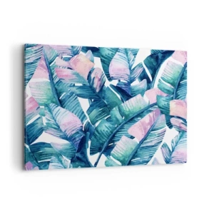 Cuadro sobre lienzo - Impresión de Imagen - Hojas de plátano en tonos azules y rosas. - 120x80cm - En una plantación de plátanos - Decoración de pared moderna para salón y dormitorio ARTTOR