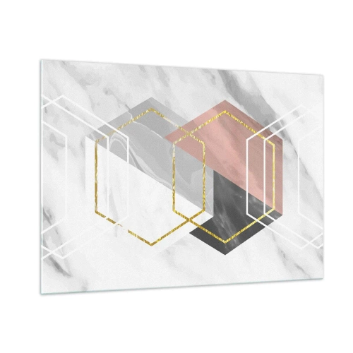 Cuadro sobre vidrio - Impresiones sobre Vidrio - Formas geométricas doradas sobre un fondo de mármol. - 100x70cm - Composición en cadena - Decoración de pared moderna para salón y dormitorio ARTTOR