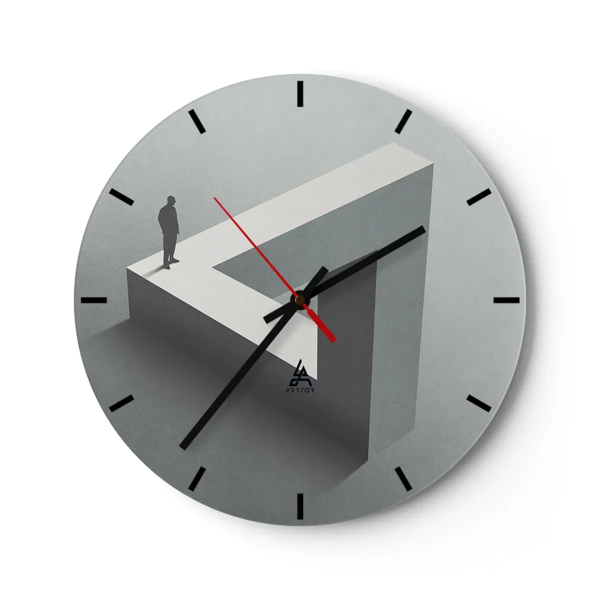 Reloj de pared - Reloj de vidrio - Un hombre parado encima de una figura geométrica imposible. - 30x30cm - Y, sin embargo, es posible - Decoración de pared moderna para salón, cocina y dormitorio ARTTOR