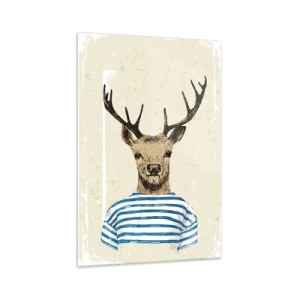 Cuadro sobre vidrio - Impresiones sobre Vidrio - Un ciervo con una camisa de rayas sobre un fondo claro con una textura delicada. - 70x100cm - Porque me gustan las camisas de rayas - Decoración de pared moderna para salón y dormitorio ARTTOR