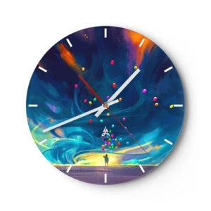 Reloj de pared - Reloj de vidrio - Una persona con globos de colores contra un fondo de cielo dinámico. - 30x30cm - En un viento azul - Decoración de pared moderna para salón, cocina y dormitorio ARTTOR