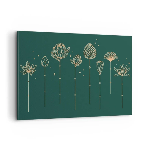 Cuadro sobre lienzo - Impresión de Imagen - Dibujos dorados de hierbas sobre un fondo verde oscuro. - 100x70cm - La familia vegetal - Decoración de pared moderna para salón y dormitorio ARTTOR