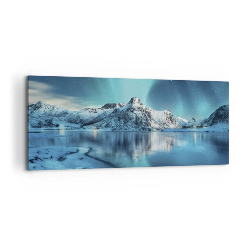 Cuadro sobre lienzo - Impresión de Imagen - Aurora boreal sobre montañas nevadas y un lago - 120x50cm - Una noche de luz - Decoración de pared moderna para salón y dormitorio ARTTOR