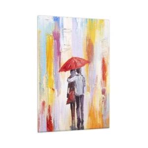 Cuadro sobre vidrio - Impresiones sobre Vidrio - Una pareja bajo un paraguas rojo con edificios coloridos al fondo. - 80x120cm - Que siga lloviendo - Decoración de pared moderna para salón y dormitorio ARTTOR