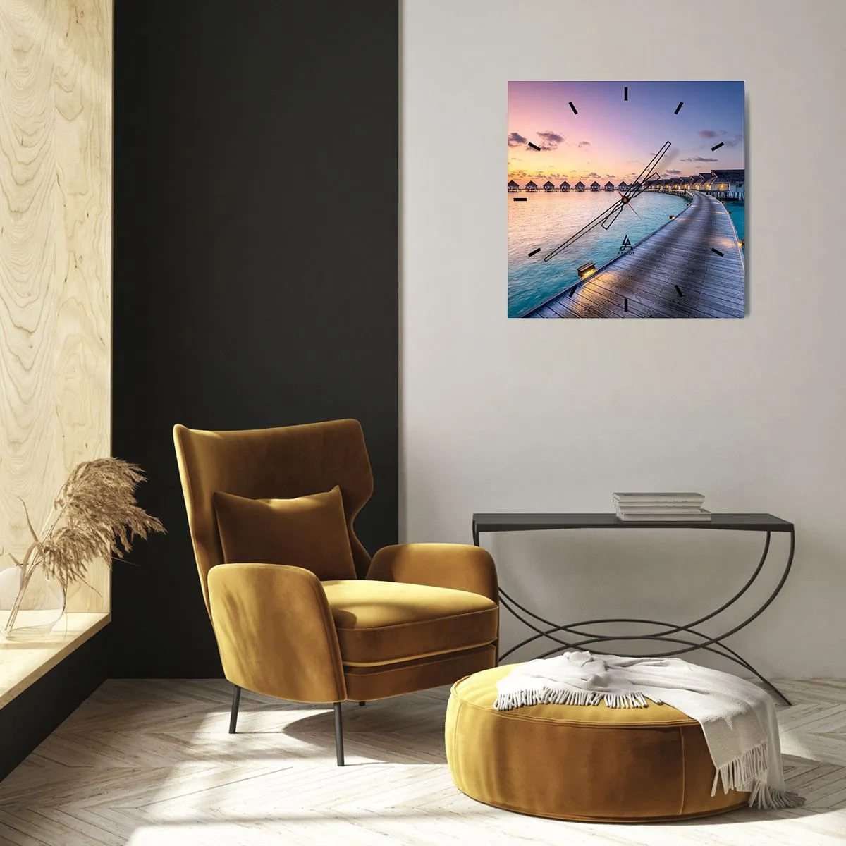 Reloj de pared - Reloj de vidrio - El muelle que conduce a las cabañas frente al mar al atardecer. - 30x30cm - Vacaciones - volver al origen - Decoración de pared moderna para salón y dormitorio ARTTOR