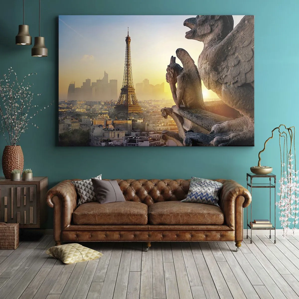 Cuadro sobre lienzo - Impresión de Imagen - Vista de la Torre Eiffel con gárgolas al fondo - 120x80cm - Ha cambiado tanto la ciudad... - Decoración de pared moderna para salón y dormitorio ARTTOR