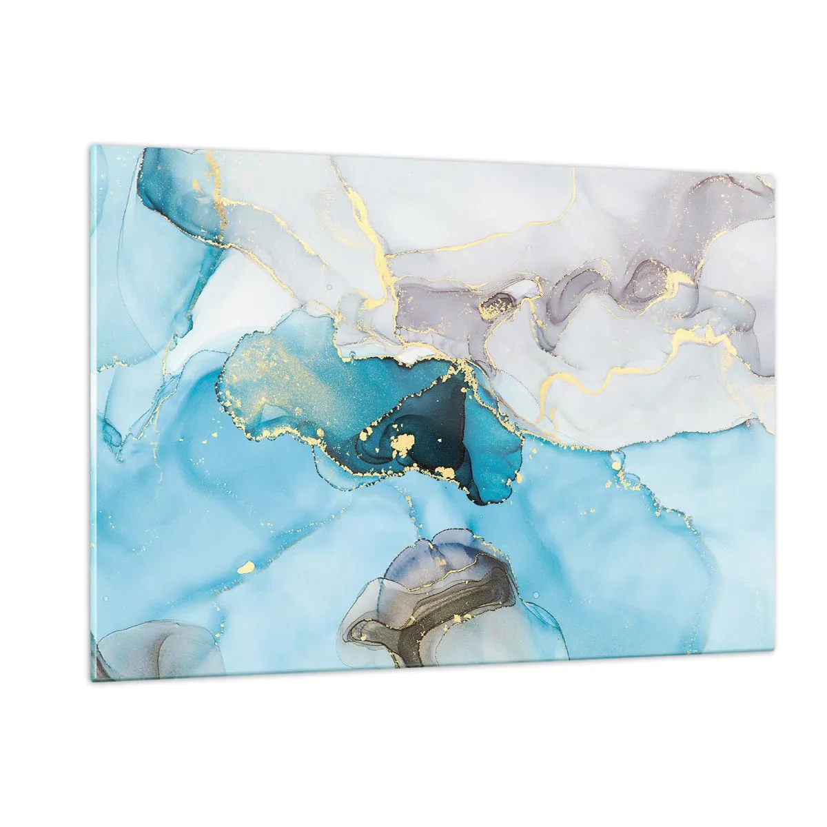 Cuadro sobre vidrio - Impresiones sobre Vidrio - Ondas turquesas y grises con acentos dorados. - 120x80cm - Un estudio del encuentro entre el gris y el turquesa - Decoración de pared moderna para salón y dormitorio ARTTOR