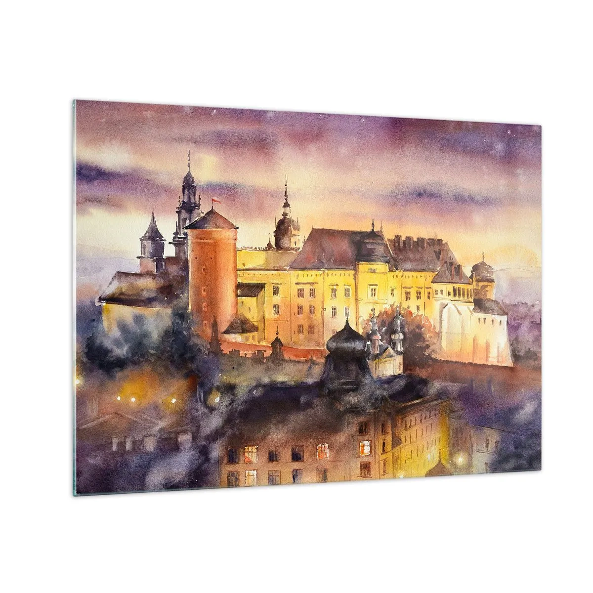 Cuadro sobre vidrio - Impresiones sobre Vidrio - Ilustración en acuarela de un castillo en una colina al atardecer - 70x50cm - Una historia y un cuento - Decoración de pared moderna para salón y dormitorio ARTTOR