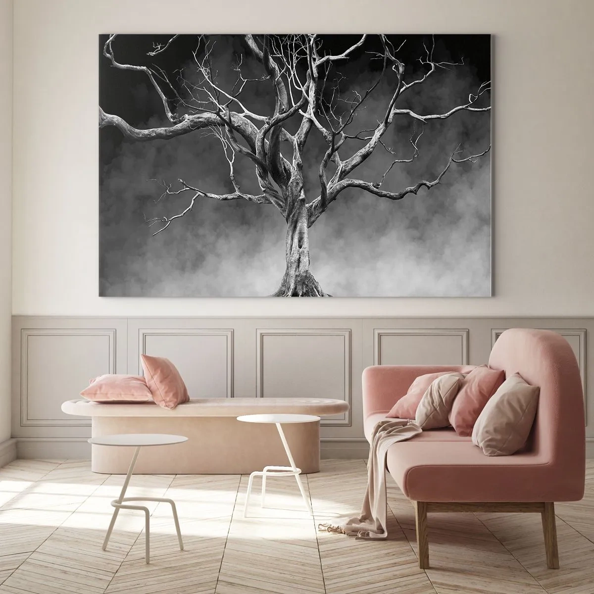 Cuadro sobre vidrio - Impresiones sobre Vidrio - Árbol negro contra la niebla - 100x70cm - Primordial y sagrado - Decoración de pared moderna para salón y dormitorio ARTTOR