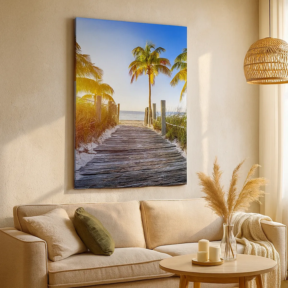 Cuadro sobre lienzo - Impresión de Imagen - Camino de madera en la playa con palmeras al fondo - 50x70cm - Directo al paraíso - Decoración de pared moderna para salón y dormitorio ARTTOR