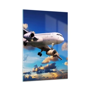 Cuadro sobre vidrio - Impresiones sobre Vidrio - Un avión en vuelo contra un cielo pintoresco. - 50x70cm - Un viaje en blanco y azul - Decoración de pared moderna para salón y dormitorio ARTTOR