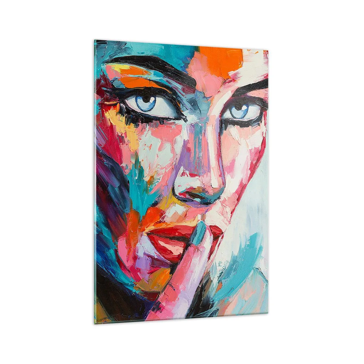 Cuadro sobre vidrio - Impresiones sobre Vidrio - Retrato colorido de una mujer en estilo abstracto. - 70x100cm - Nuestro primer secreto - Decoración de pared moderna para salón y dormitorio ARTTOR