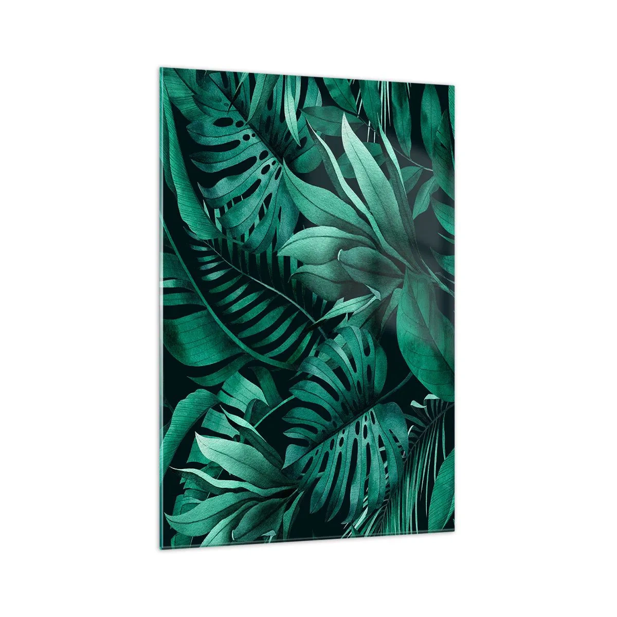 Cuadro sobre vidrio - Impresiones sobre Vidrio - Hojas tropicales en tonos de verde intenso. - 70x100cm - Profundidad del verde tropical - Decoración de pared moderna para salón y dormitorio ARTTOR