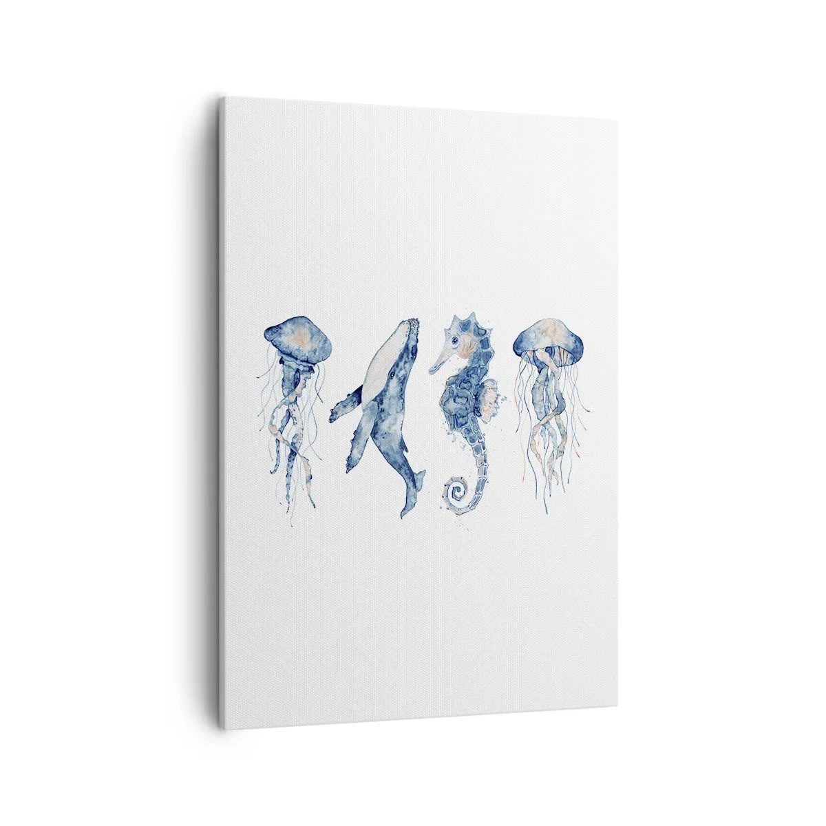 Cuadro sobre lienzo - Impresión de Imagen - Medusa, ballena y caballito de mar en estilo acuarela. - 50x70cm - Fauna marina - Decoración de pared moderna para salón y dormitorio ARTTOR