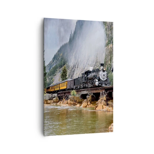 Cuadro sobre lienzo - Impresión de Imagen - Una locomotora de vapor en un puente en un pintoresco paisaje montañoso. - 80x120cm - ¿Adónde me llevas? - Decoración de pared moderna para salón y dormitorio ARTTOR