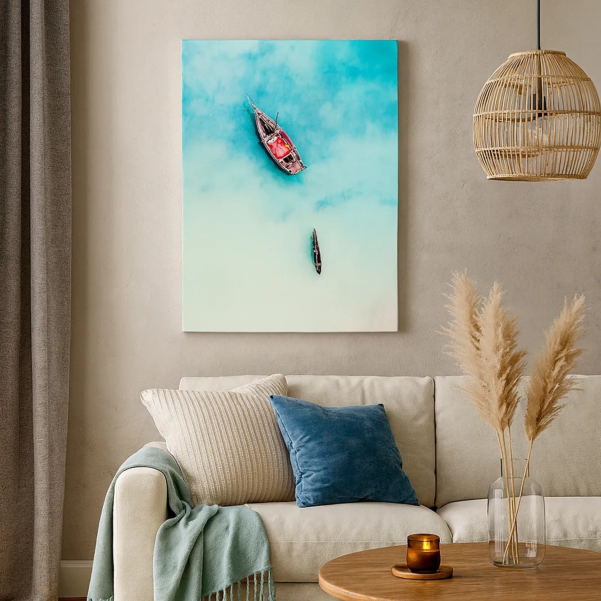Cuadro sobre lienzo - Impresión de Imagen - Barcos en aguas turquesas vistos a vista de pájaro - 50x70cm - Porque en las playas de Zanzíbar, cuando las aguas se desbordan... - Decoración de pared moderna para salón y dormitorio ARTTOR