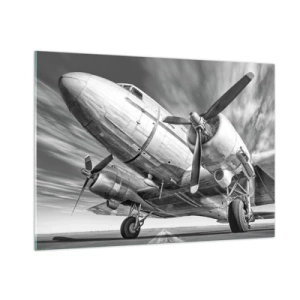 Cuadro sobre vidrio - Impresiones sobre Vidrio - Un avión de hélice en blanco y negro en la pista. - 100x70cm - Siempre listo para volar - Decoración de pared moderna para salón y dormitorio ARTTOR