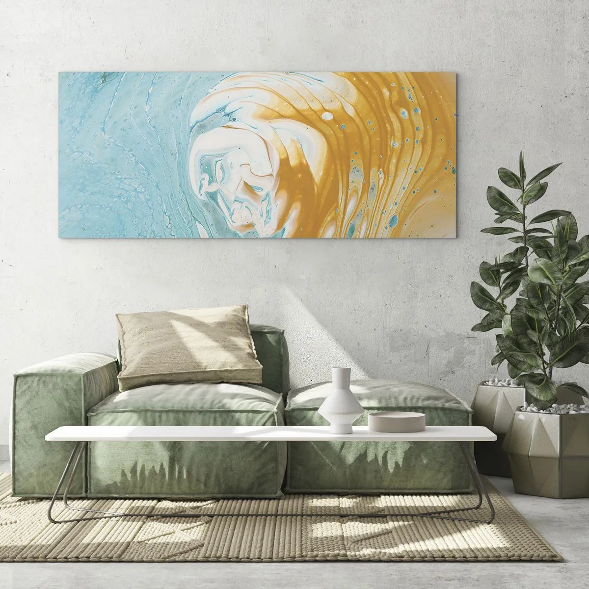 Cuadro sobre vidrio - Impresiones sobre Vidrio - Ondas abstractas en tonos azules y dorados sobre lienzo. - 140x50cm - Remolino pastel - Decoración de pared moderna para salón y dormitorio ARTTOR