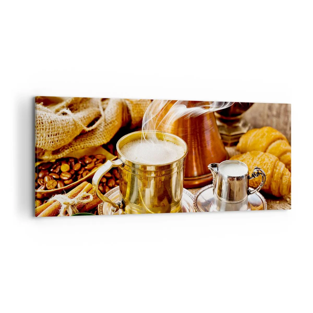Cuadro sobre lienzo - Impresión de Imagen - Una taza de café dorada rodeada de granos, jarras y croissants. - 120x50cm - Que tengas un buen día - Decoración de pared moderna para salón y dormitorio ARTTOR