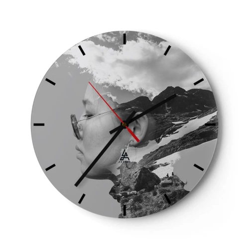 Reloj de pared - Reloj de vidrio - Doble exposición de un rostro y un paisaje de montaña en tonos de grises. - 30x30cm - Retrato sobre montañas y nubes - Decoración de pared moderna para salón, cocina y dormitorio ARTTOR