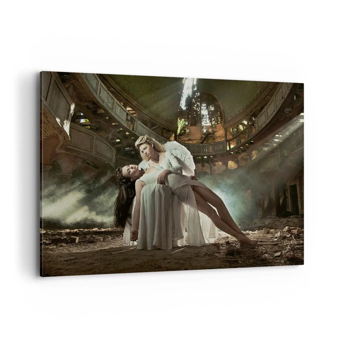 Cuadro sobre lienzo - Impresión de Imagen - Dos figuras en ruinas con un juego de luces. - 100x70cm - El espíritu del viejo teatro - Decoración de pared moderna para salón y dormitorio ARTTOR