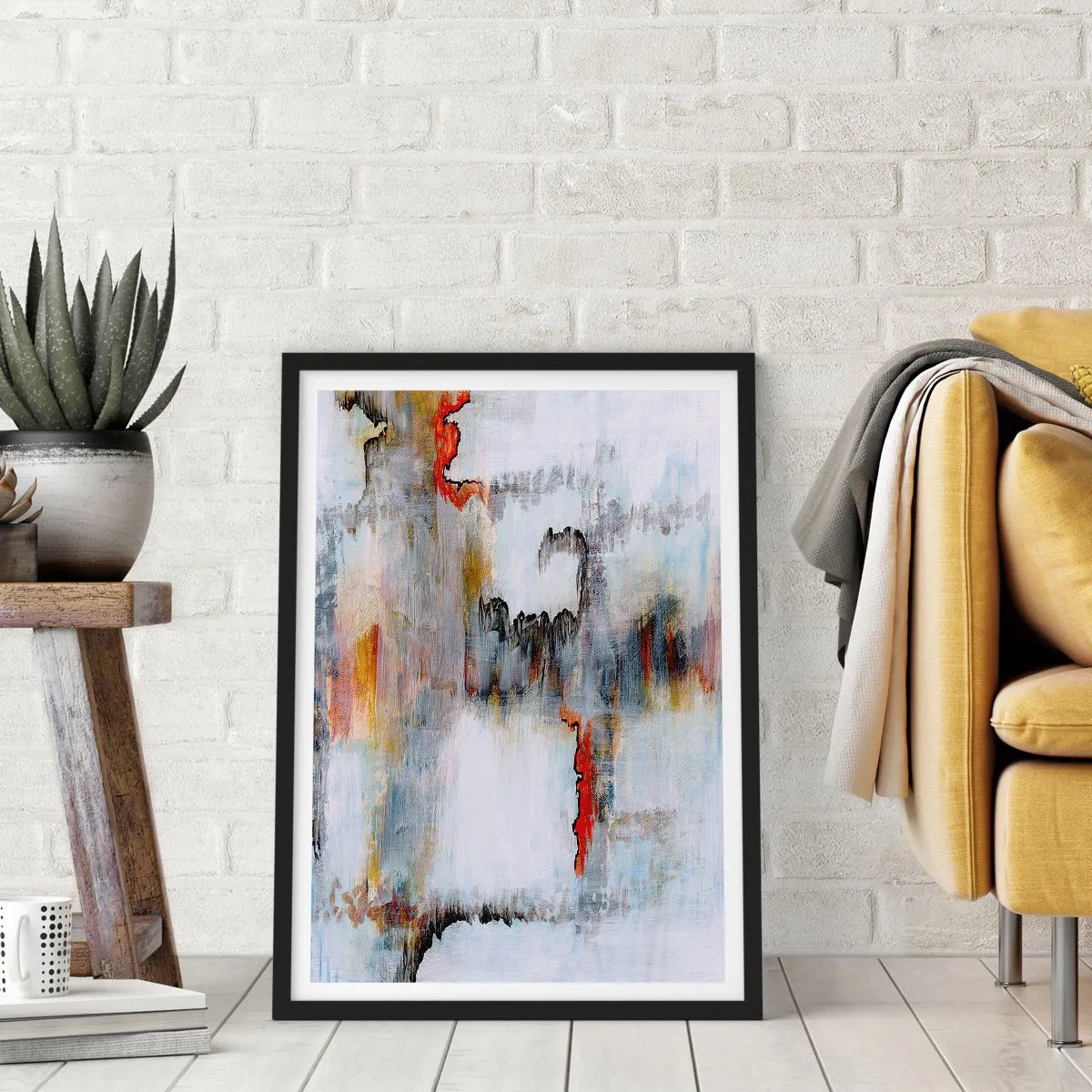 Póster en marco negro - Una composición abstracta con tonos grises y acentos rojos. - 50x70cm - Abstracto sobre el agua - Decoración de pared moderna para salón y dormitorio ARTTOR
