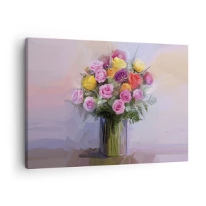 Cuadro sobre lienzo - Impresión de Imagen - Un ramo de rosas de colores en un jarrón de cristal. - 70x50cm - Belleza inmortalizada - Decoración de pared moderna para salón y dormitorio ARTTOR