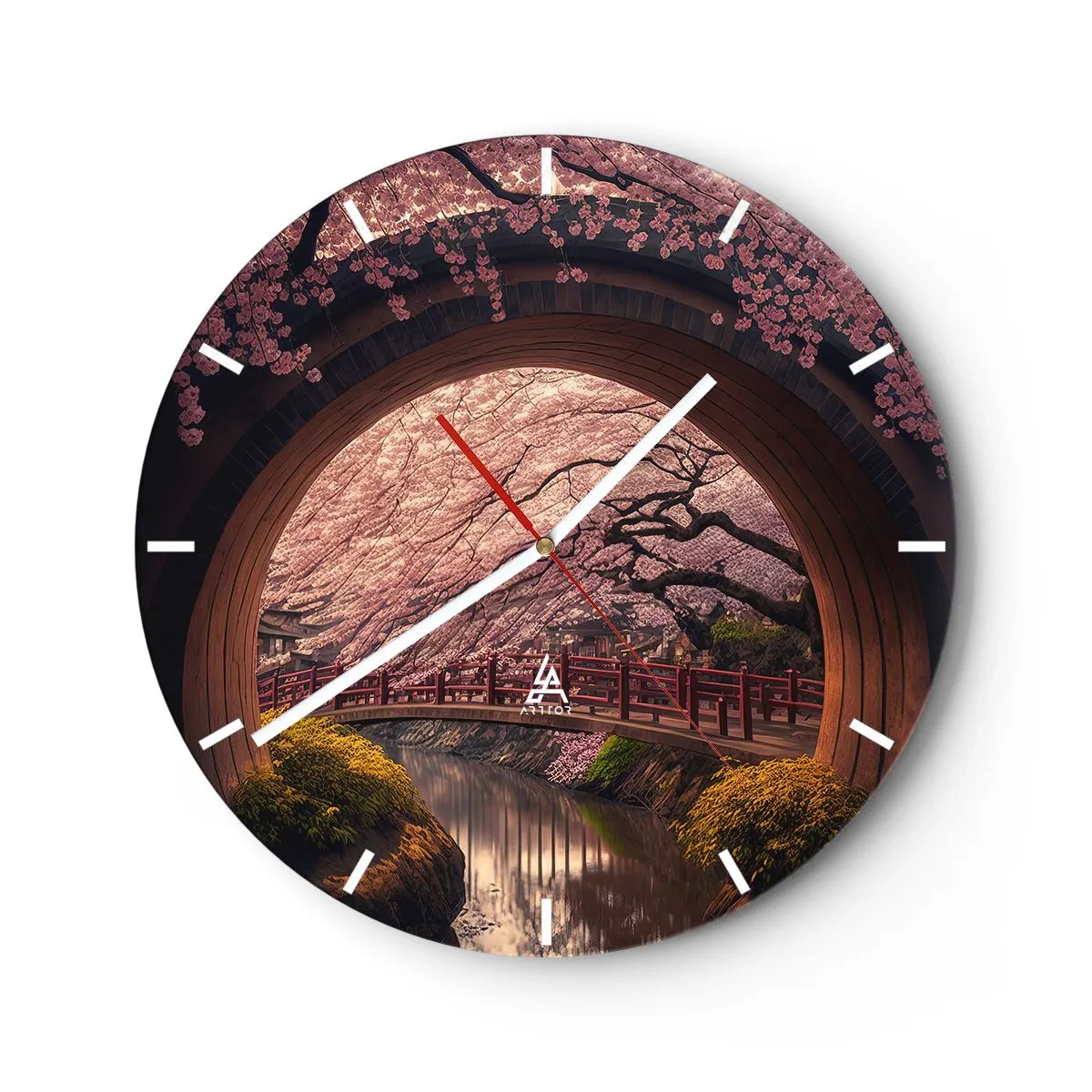 Reloj de pared - Reloj de vidrio - Vista del puente de los cerezos en flor de estilo japonés a través de la puerta redonda. - 30x30cm - Primavera japonesa - Decoración de pared moderna para salón, cocina y dormitorio ARTTOR