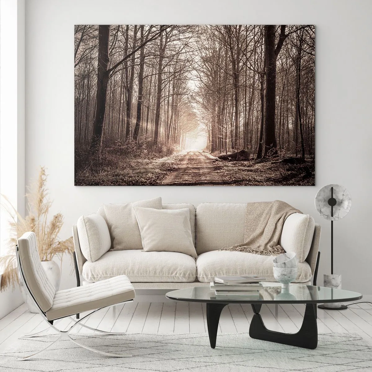 Cuadro sobre vidrio - Impresiones sobre Vidrio - Camino forestal en la niebla matutina - 70x50cm - La catedral del bosque - Decoración de pared moderna para salón y dormitorio ARTTOR