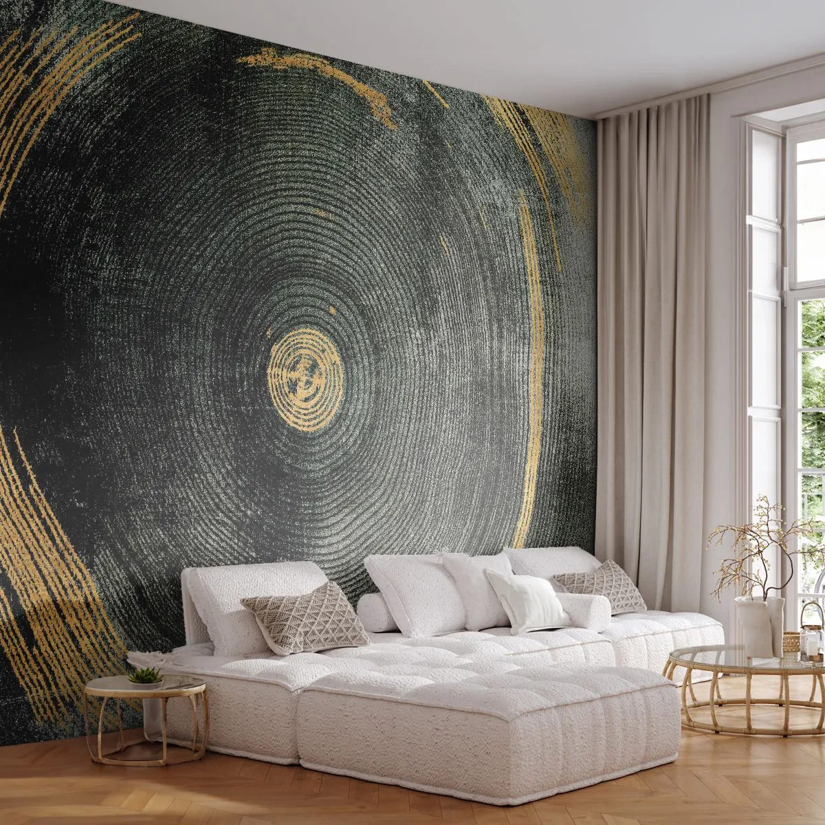 Fotomural Premium Sand - Grano de madera concéntrico con acentos dorados - 100x70cm - Cambio y perpetuidad - Decoración de pared moderna para salón y dormitorio ARTTOR