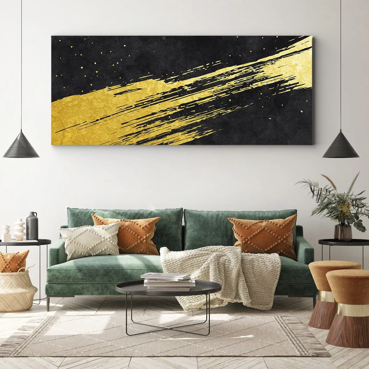 Cuadro sobre lienzo - Impresión de Imagen - Fondo negro con pinceladas doradas dinámicas - 140x50cm - Saltar al hiperespacio - Decoración de pared moderna para salón y dormitorio ARTTOR