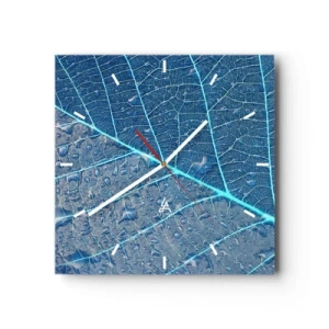 Reloj de pared - Reloj de vidrio - Una hoja en tonos azules con gotas de agua. - 30x30cm - Vida en el azul - Decoración de pared moderna para salón y dormitorio ARTTOR