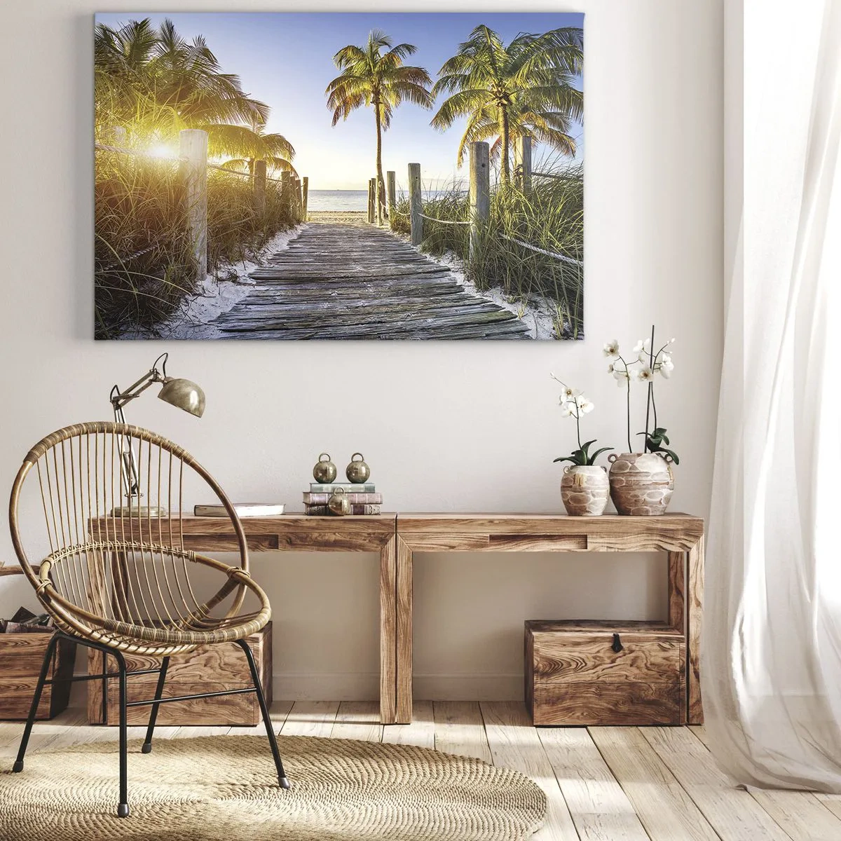 Cuadro sobre lienzo - Impresión de Imagen - Camino de madera en la playa con palmeras al fondo - 100x70cm - Directo al paraíso - Decoración de pared moderna para salón y dormitorio ARTTOR