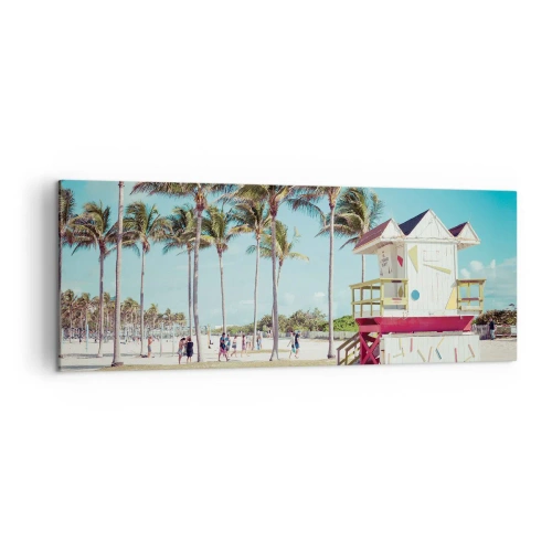 Cuadro sobre lienzo - Impresión de Imagen - Una playa con palmeras y una torre de salvavidas al fondo. - 140x50cm - Un hermoso día por delante - Decoración de pared moderna para salón y dormitorio ARTTOR