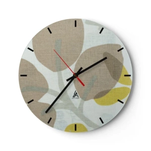 Reloj de pared - Reloj de vidrio - Hojas pastel y acentos amarillos sobre un fondo con textura de lino. - 30x30cm - Composición a pleno sol - Decoración de pared moderna para salón, cocina y dormitorio ARTTOR