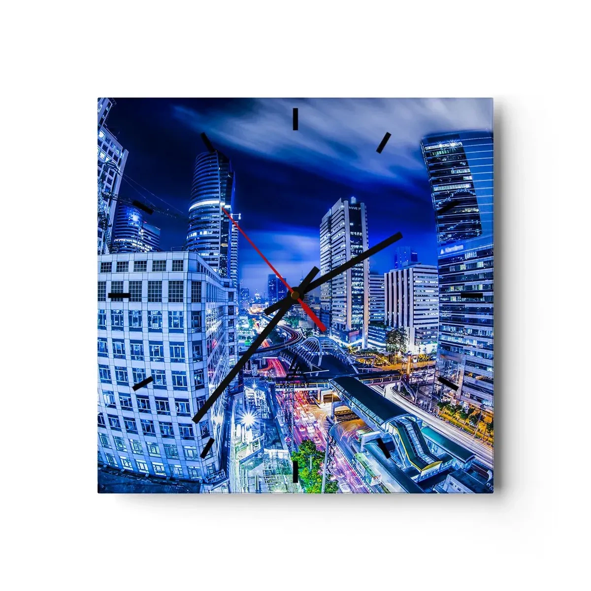 Reloj de pared - Reloj de vidrio - Panorama nocturno de la ciudad con rascacielos y farolas - 30x30cm - Ritmos de la ciudad nocturna - Decoración de pared moderna para salón y dormitorio ARTTOR