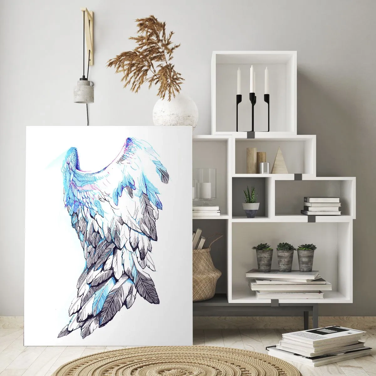 Cuadro sobre vidrio - Impresiones sobre Vidrio - Alas de ángel en tonos azules y grises. - 50x70cm - Necesito alas - Decoración de pared moderna para salón y dormitorio ARTTOR