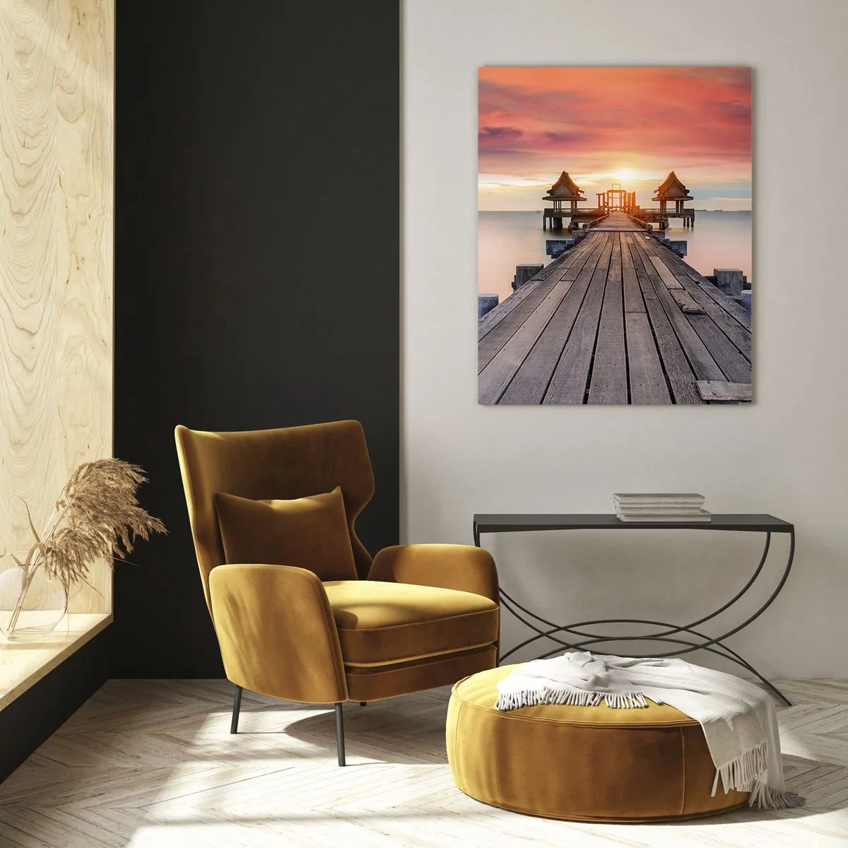 Cuadro sobre vidrio - Impresiones sobre Vidrio - Muelle de madera que conduce a los miradores junto al agua al atardecer - 50x70cm - De este a oeste - Decoración de pared moderna para salón y dormitorio ARTTOR