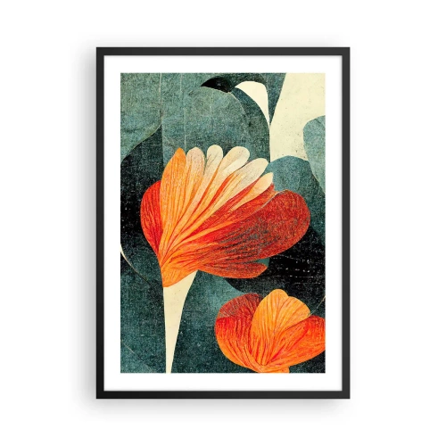 Póster en marco negro - Flores abstractas en tonos naranja y verde. - 50x70cm - El calor del trópico y el frescor del verdor - Decoración de pared moderna para salón y dormitorio ARTTOR