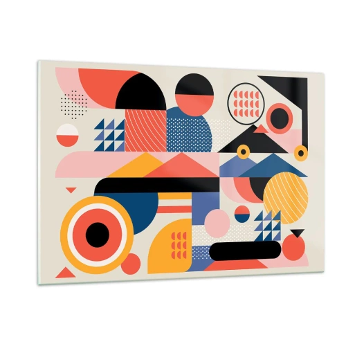 Cuadro sobre vidrio - Impresiones sobre Vidrio - Abstracción geométrica colorida con círculos y triángulos. - 120x80cm - Composición: juegos - Decoración de pared moderna para salón y dormitorio ARTTOR