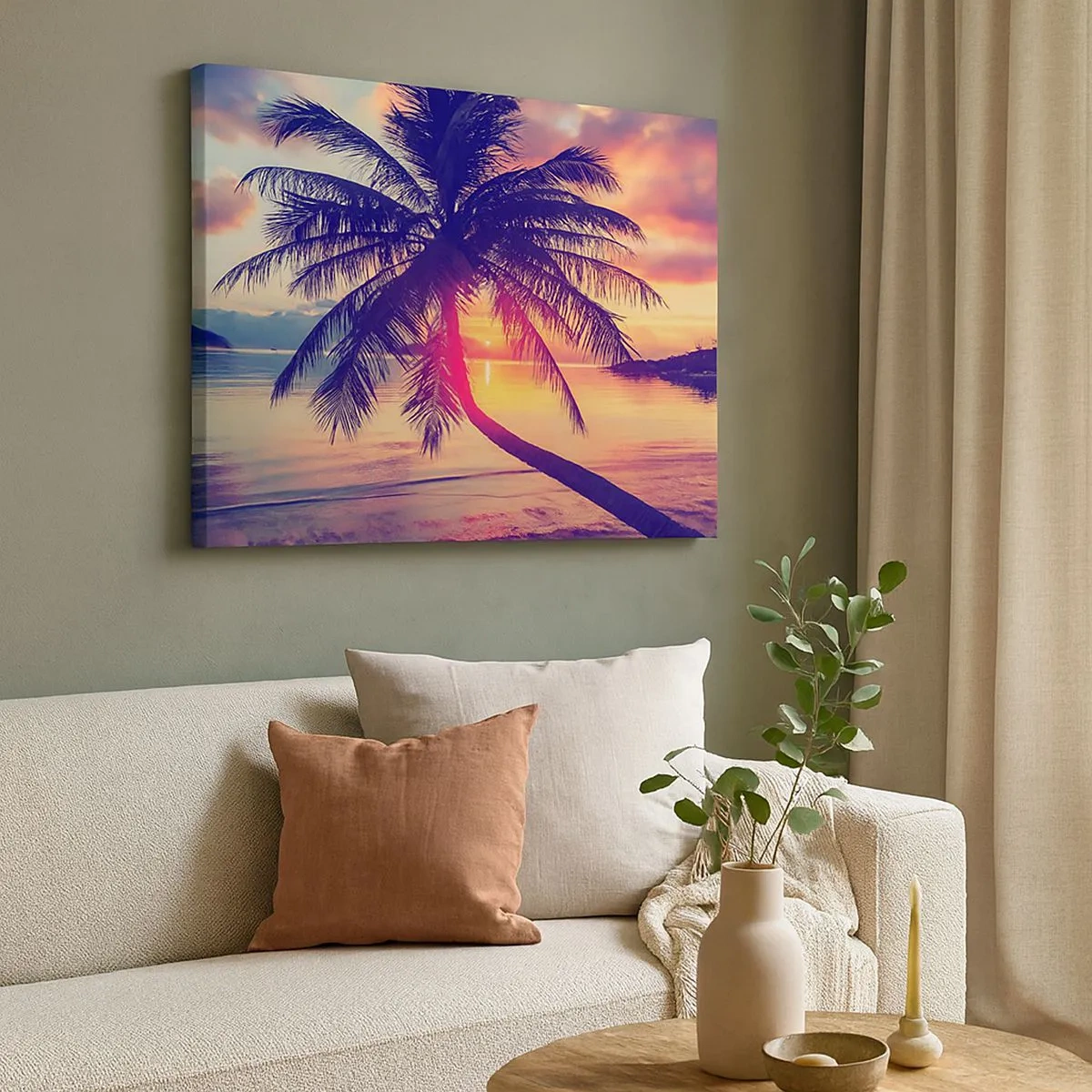 Cuadro sobre lienzo - Impresión de Imagen - Puesta de sol con una palmera sobre una orilla tranquila - 70x50cm - Atardecer bajo las palmeras - Decoración de pared moderna para salón y dormitorio ARTTOR