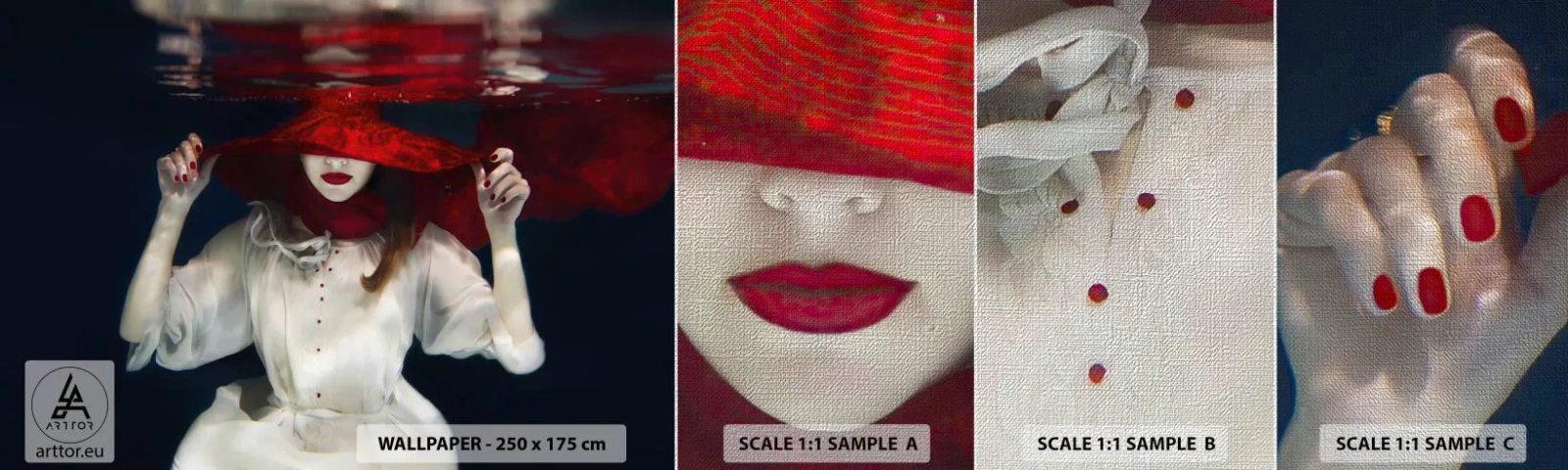 Muestra de fotomural Premium Canvas - Blanco y rojo - Abstracción, mujer con sombrero, Pedazo - 100x30 cm